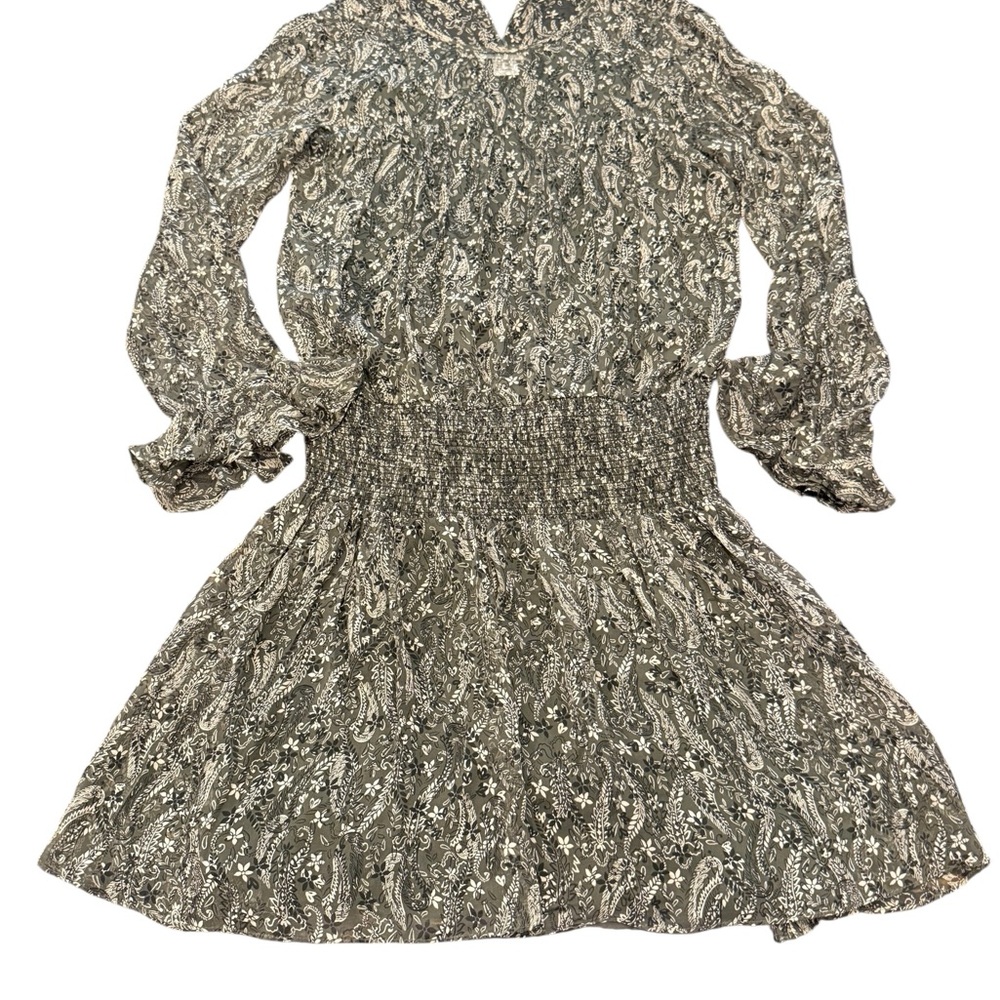 Shoshanna Women's Green Paisley Dress Smocked Waistband Size 6 Long Sleeve SILK